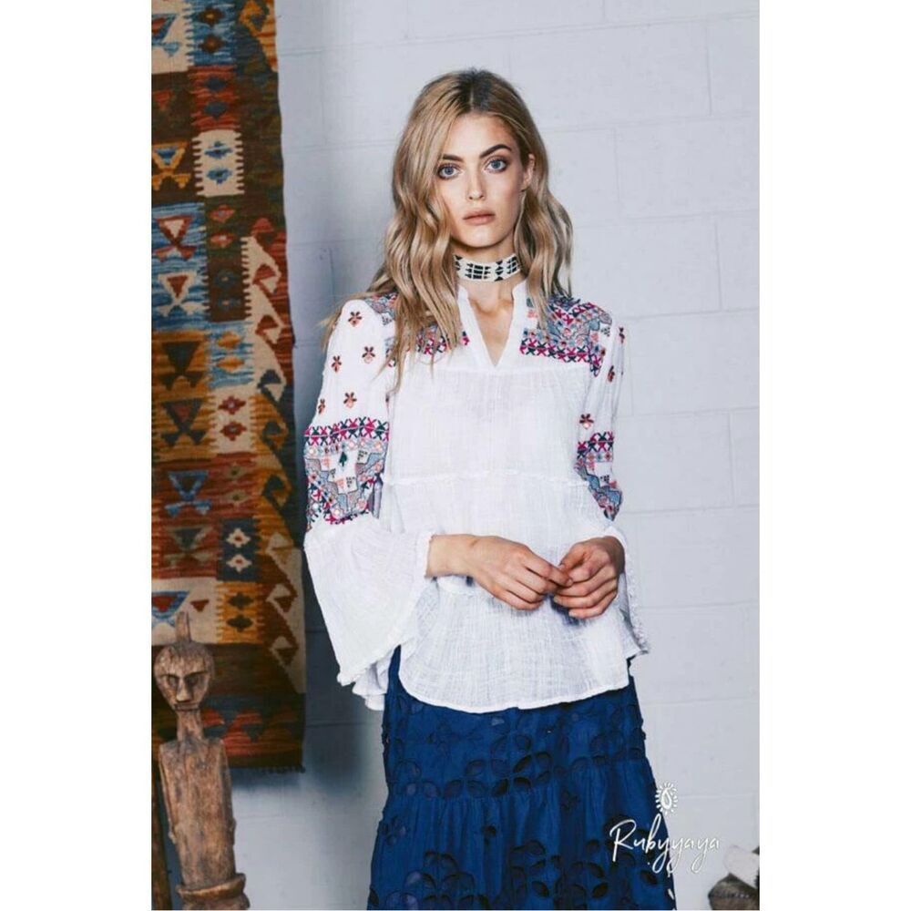 Ruby Yaya Boho Embroidered Peasant Top White Gauze Bell Sleeve Approx M L